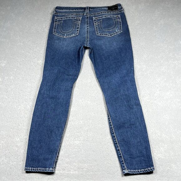 True Religion Rocco Relaxed Skinny Jeans Womens Sz 34 Blue Dark Wash Distressed - Picture 10 of 16